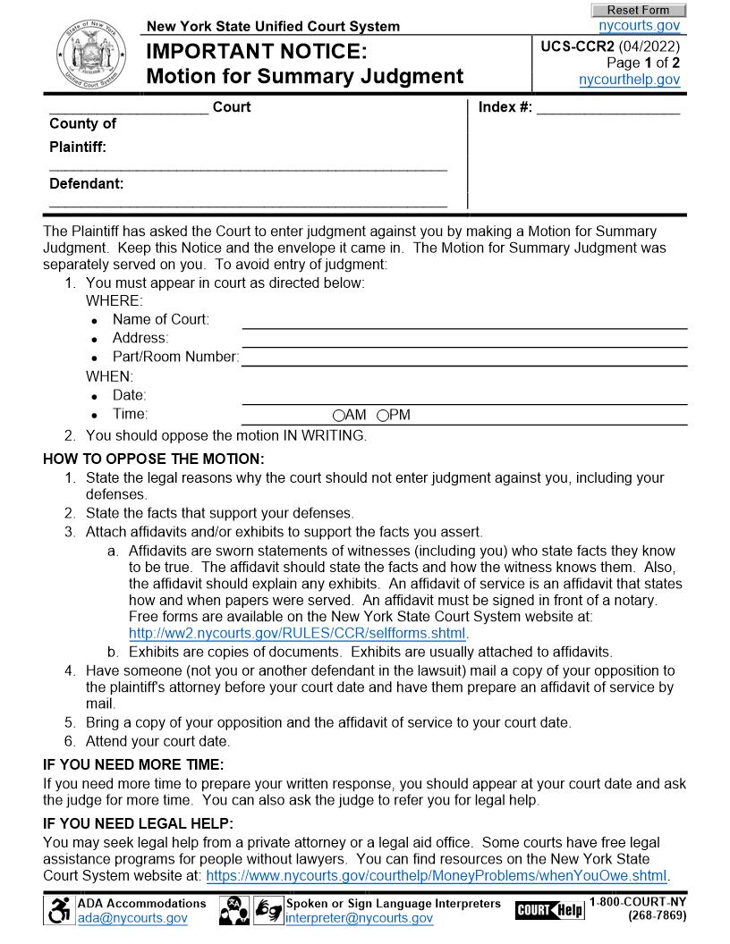 Important Notice - Motion For Summary Judgment {UCS-CCR2} | Pdf Fpdf Docx | New York