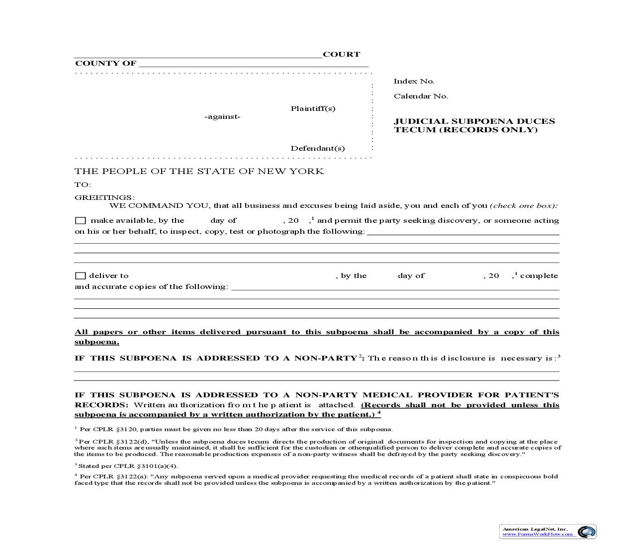 Judicial Subpoena Duces Tecum (Records Only) | Pdf Fpdf Doc Docx | New York
