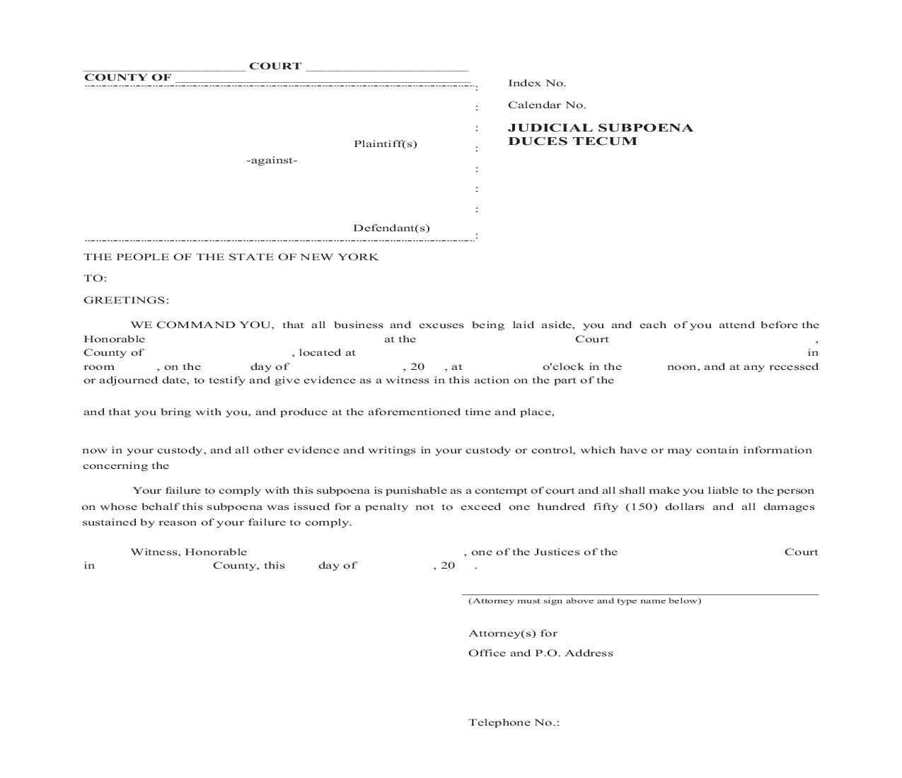 Judicial Subpoena Duces Tecum | Pdf Fpdf Doc Docx | New York