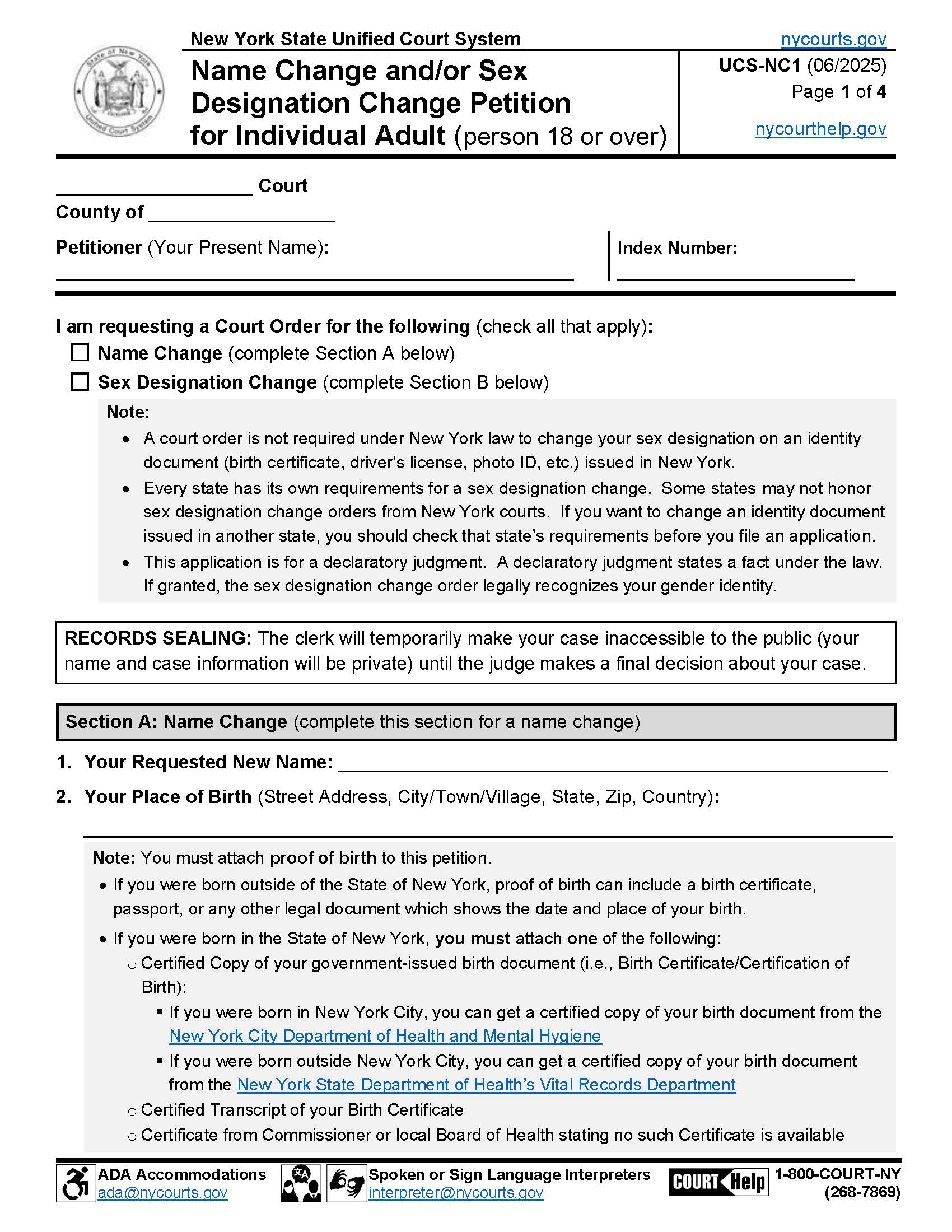 Name And-Or Sex Designation Change Petition For Individual Adult {UCS-NC1} | Pdf Fpdf Docx | New York