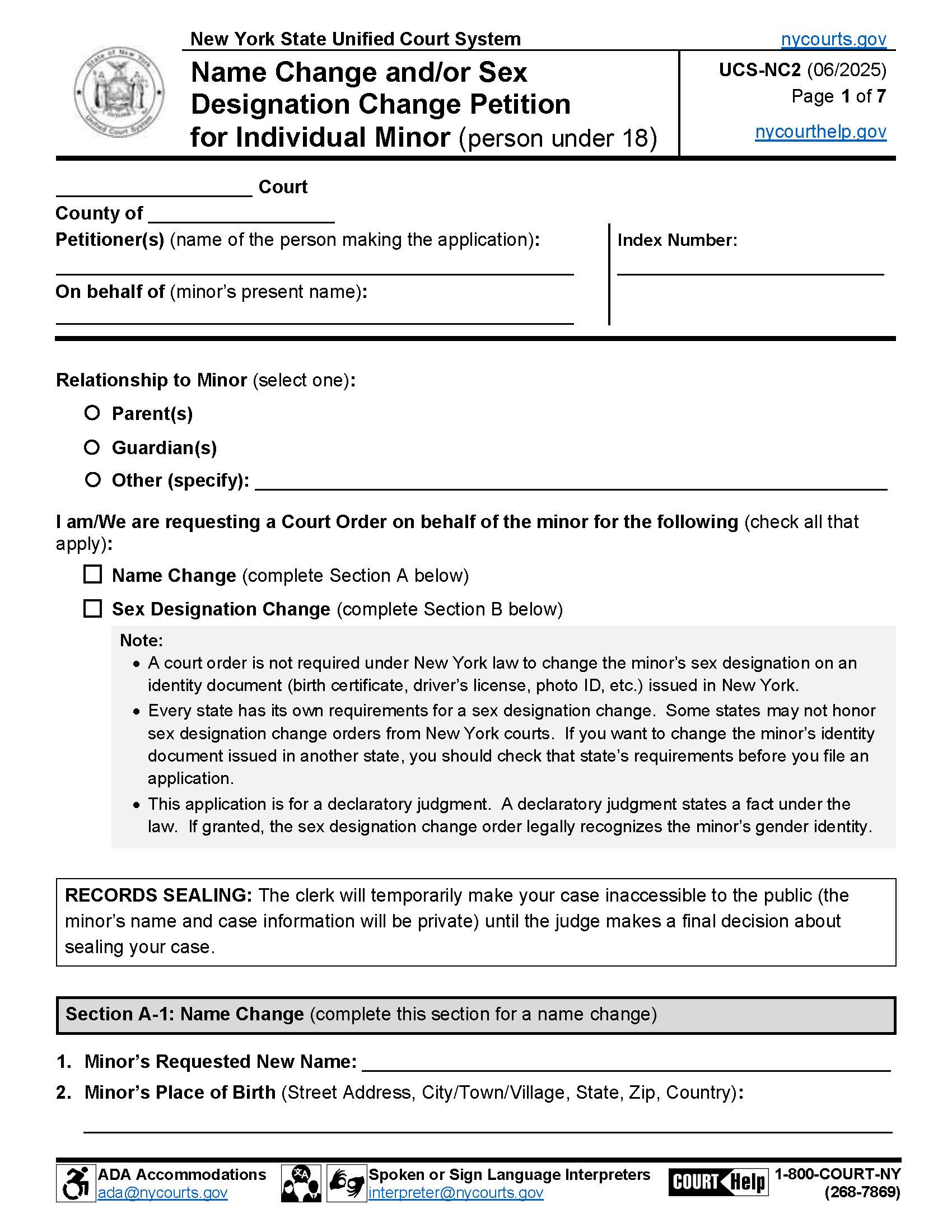 Name And-Or Sex Designation Change Petition For Individual Minor {UCS-NC2} | Pdf Fpdf Docx | New York