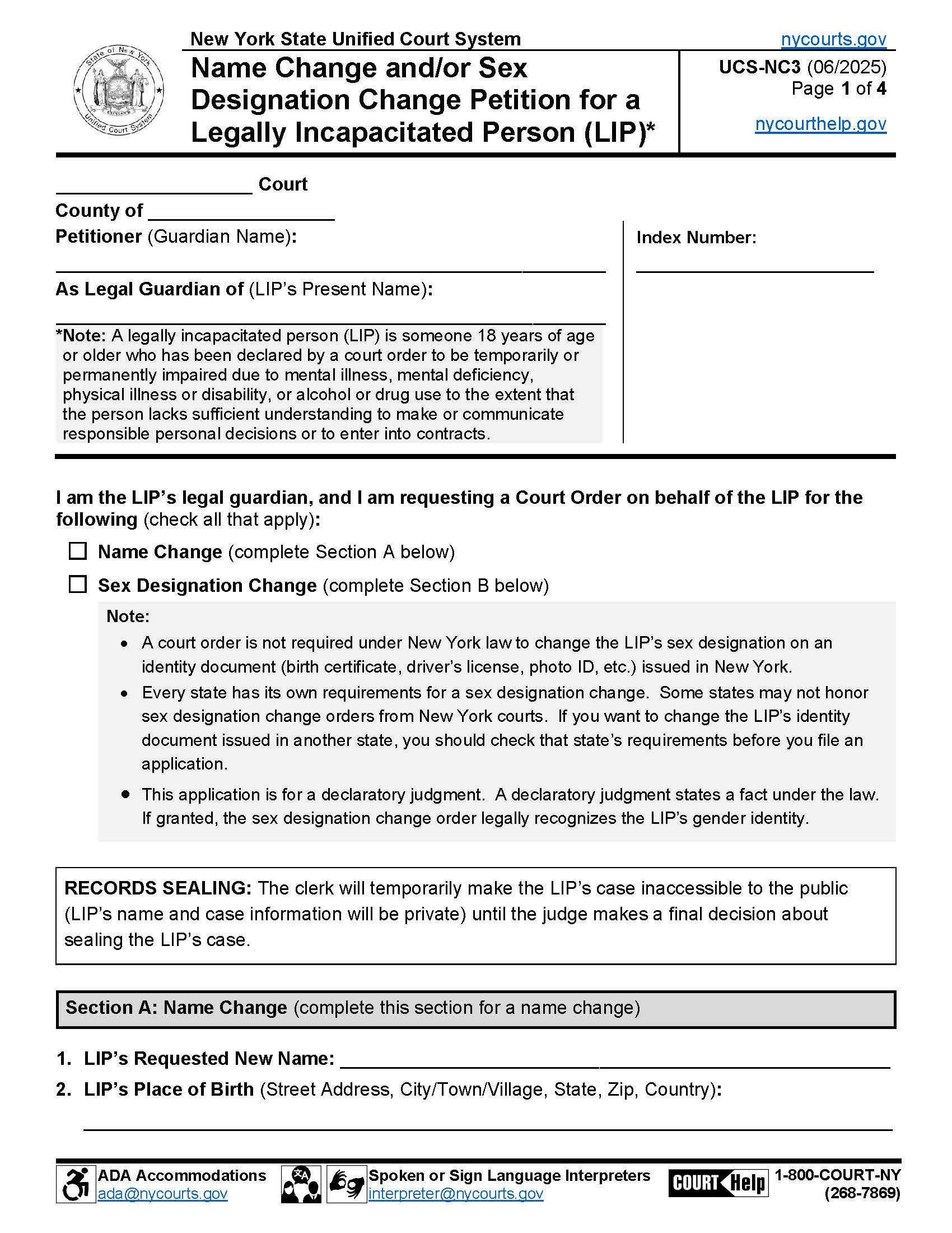 Name And-Or Sex Designation Change Petition For Legally Incapacitated Person (LIP) {UCS-NC3} | Pdf Fpdf Docx | New York