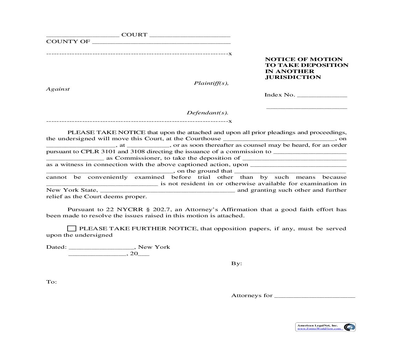Notice Of Motion To Take Deposition In Another Jurisdiction | Pdf Fpdf Doc Docx | New York