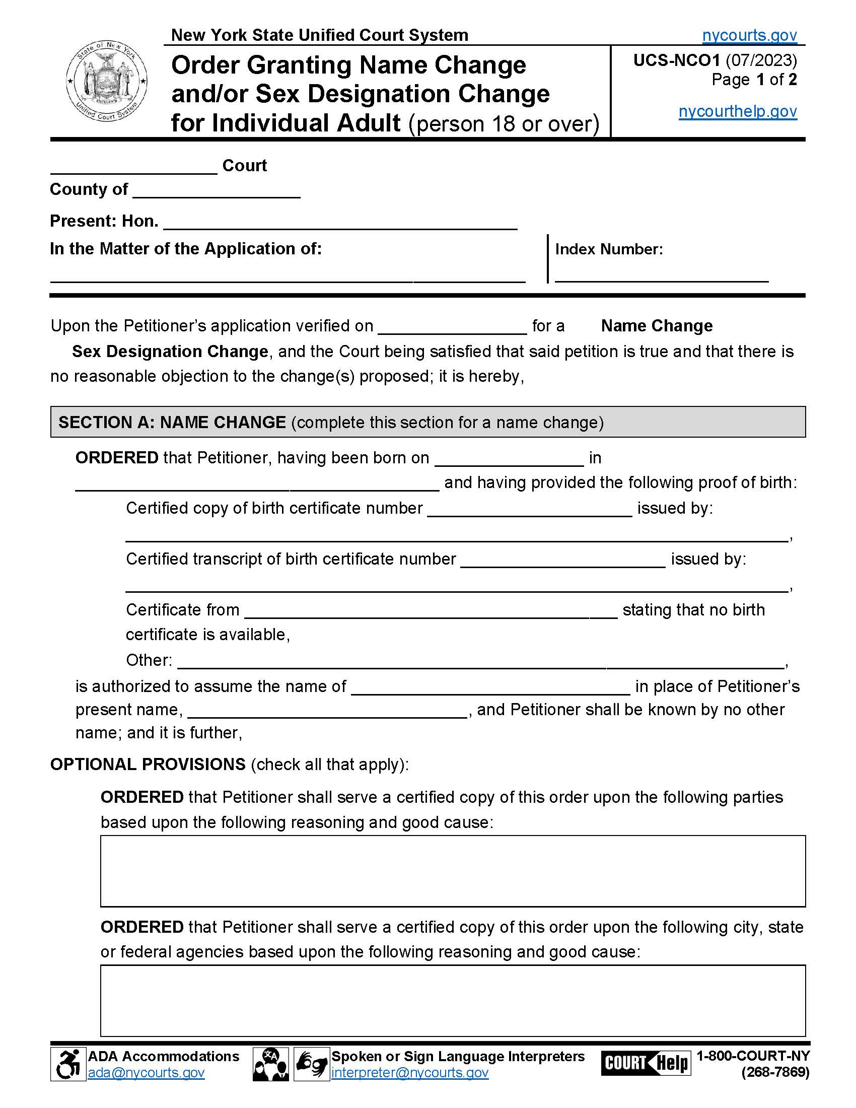 Order Granting Name And-Or Sex Designation Change Individual Adult {UCS-NCO1} | Pdf Fpdf Docx | New York