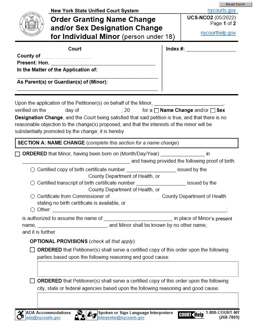 Order Granting Name And-Or Sex Designation Change Individual Minor {UCS-NCO2} | Pdf Fpdf Docx | New York