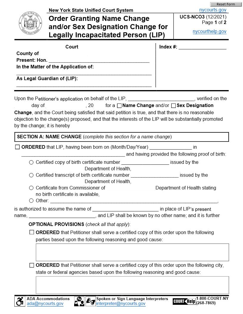 Order Granting Name And-Or Sex Designation Change Legally Incapacitated Person {UCS-NCO3} | Pdf Fpdf Docx | New York