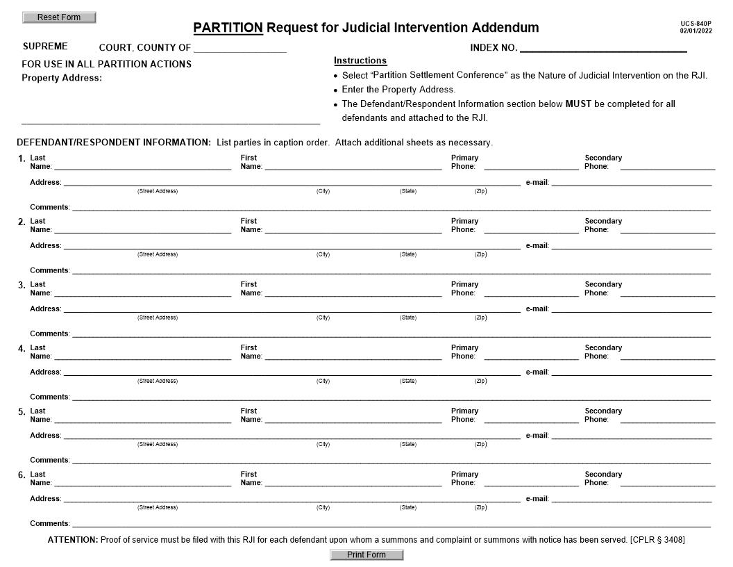 Partition Request For Judicial Intervention Addendum {UCS-840P} | Pdf Fpdf Docx | New York