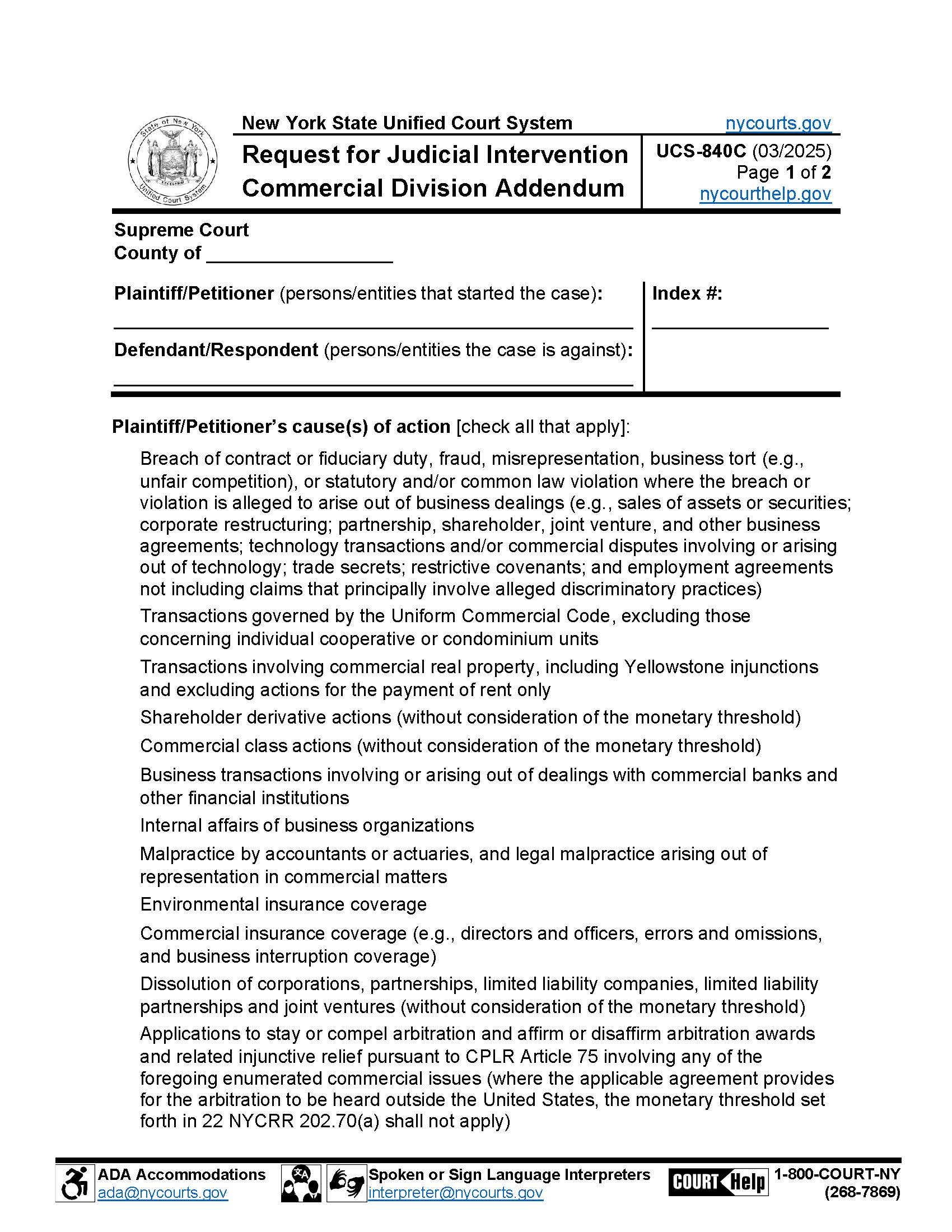 Request For Judicial Intervention  - Commercial Division Addendum {UCS-840C} | Pdf Fpdf Doc Docx | New York