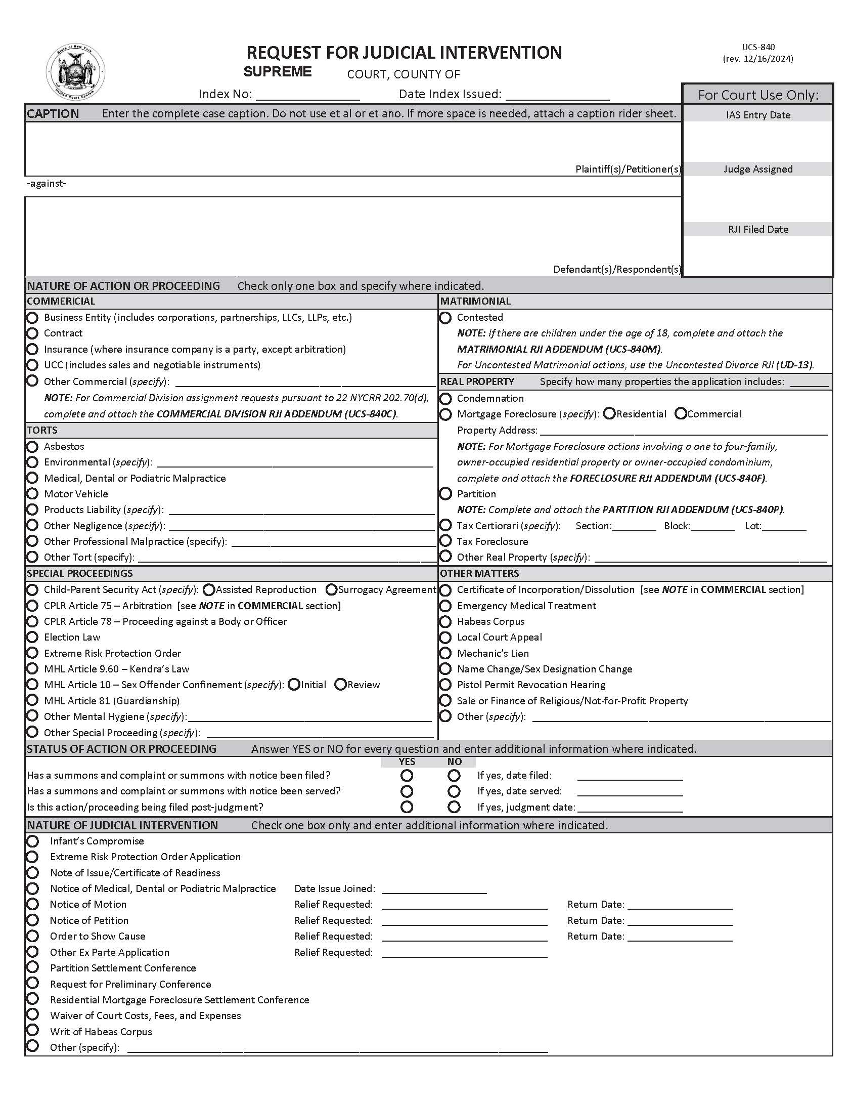 Request For Judicial Intervention {UCS-840} | Pdf Fpdf Doc Docx | New York