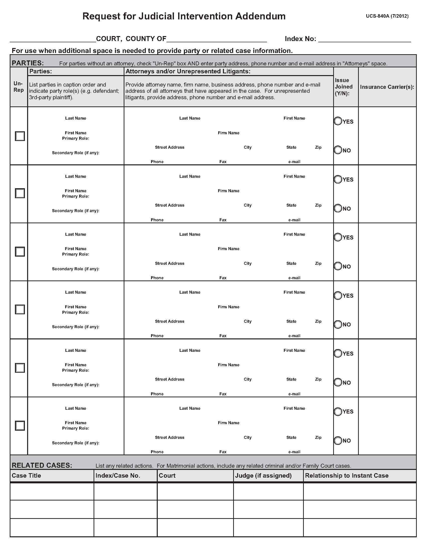 Request For Judicial Intervention Addendum {UCS-840A} | Pdf Fpdf Doc Docx | New York