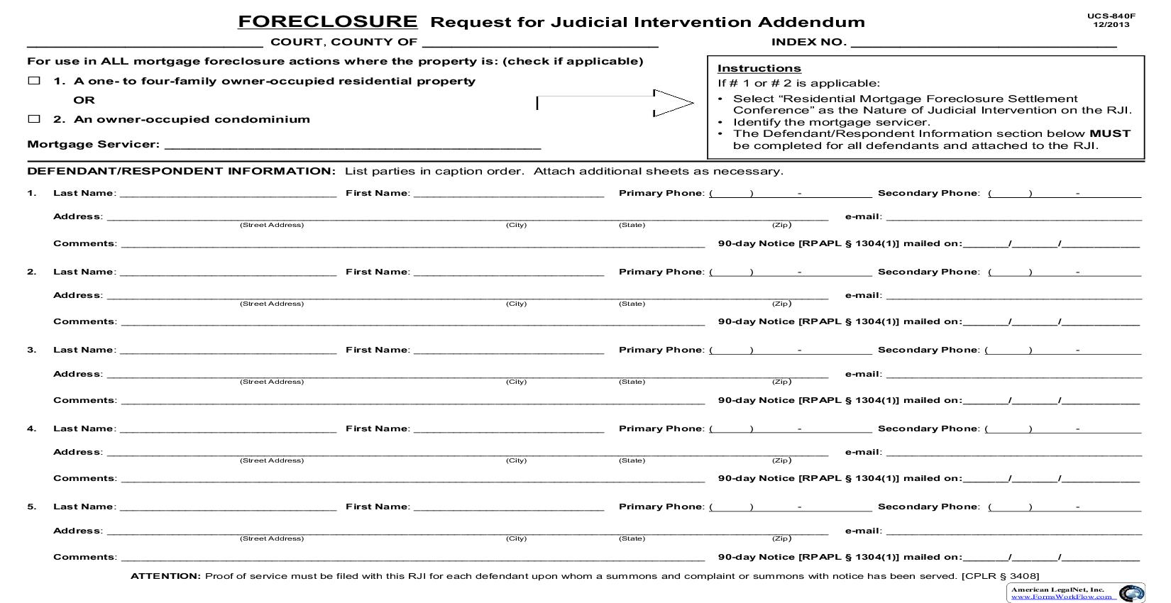 Request For Judicial Intervention Addendum - Foreclosure {UCS-840F} | Pdf Fpdf Doc Docx | New York