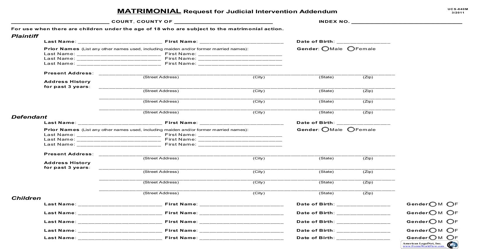Request For Judicial Intervention Addendum - Matrimonial {UCS-840M} | Pdf Fpdf Doc Docx | New York