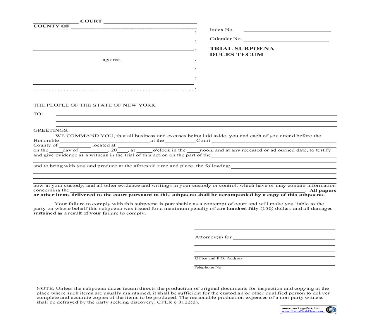 Trial Subpoena Duces Tecum | Pdf Fpdf Doc Docx | New York