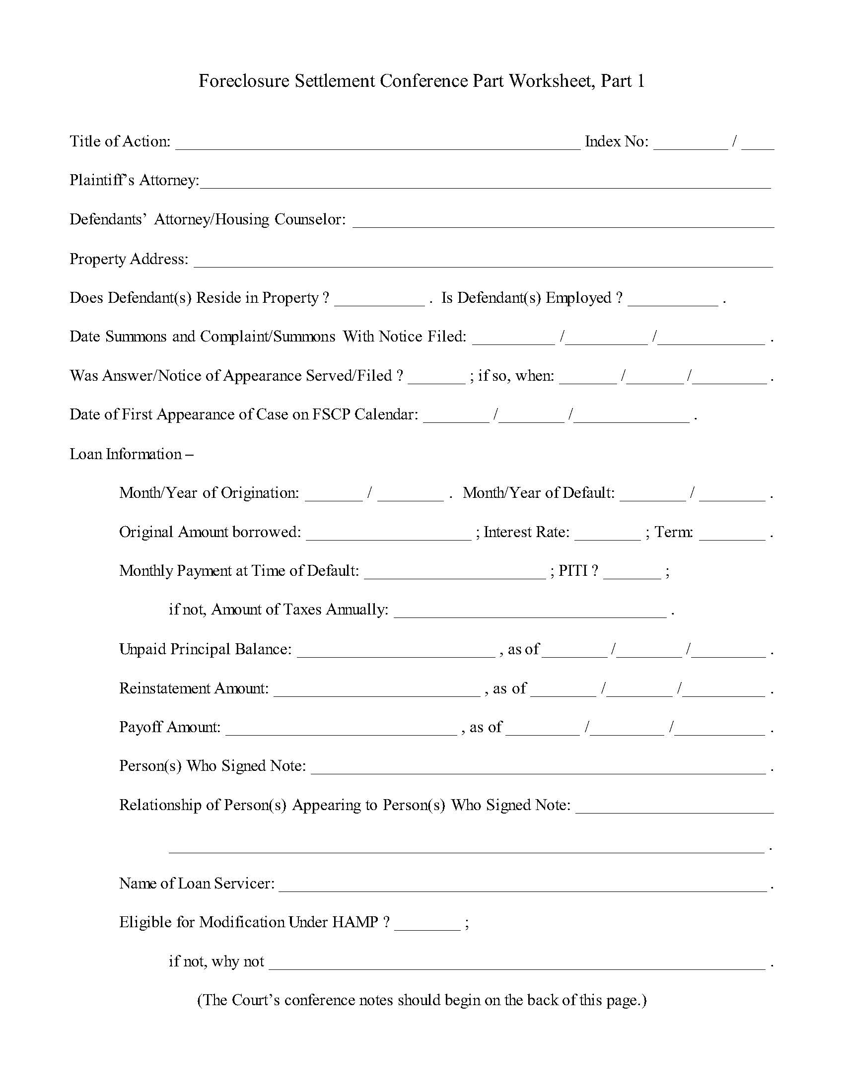 Foreclosure Settlement Conference Part Worksheet | Pdf Fpdf Docx | New York