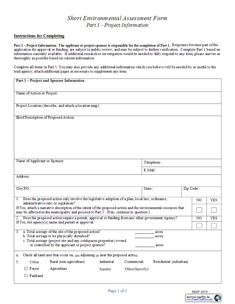 Short Environmental Assessment Form Part 1 - Project Information | Pdf Fpdf Docx | New York