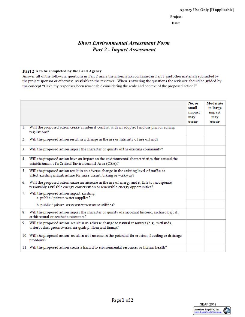 Short Environmental Assessment Form Parts 2 and 3 | Pdf Fpdf Docx | New York
