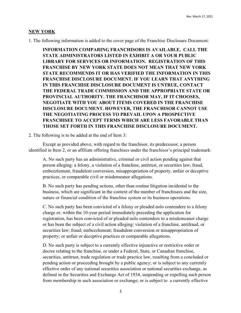Franchise Disclosure Statement Addendum | Pdf Fpdf Docx | New York