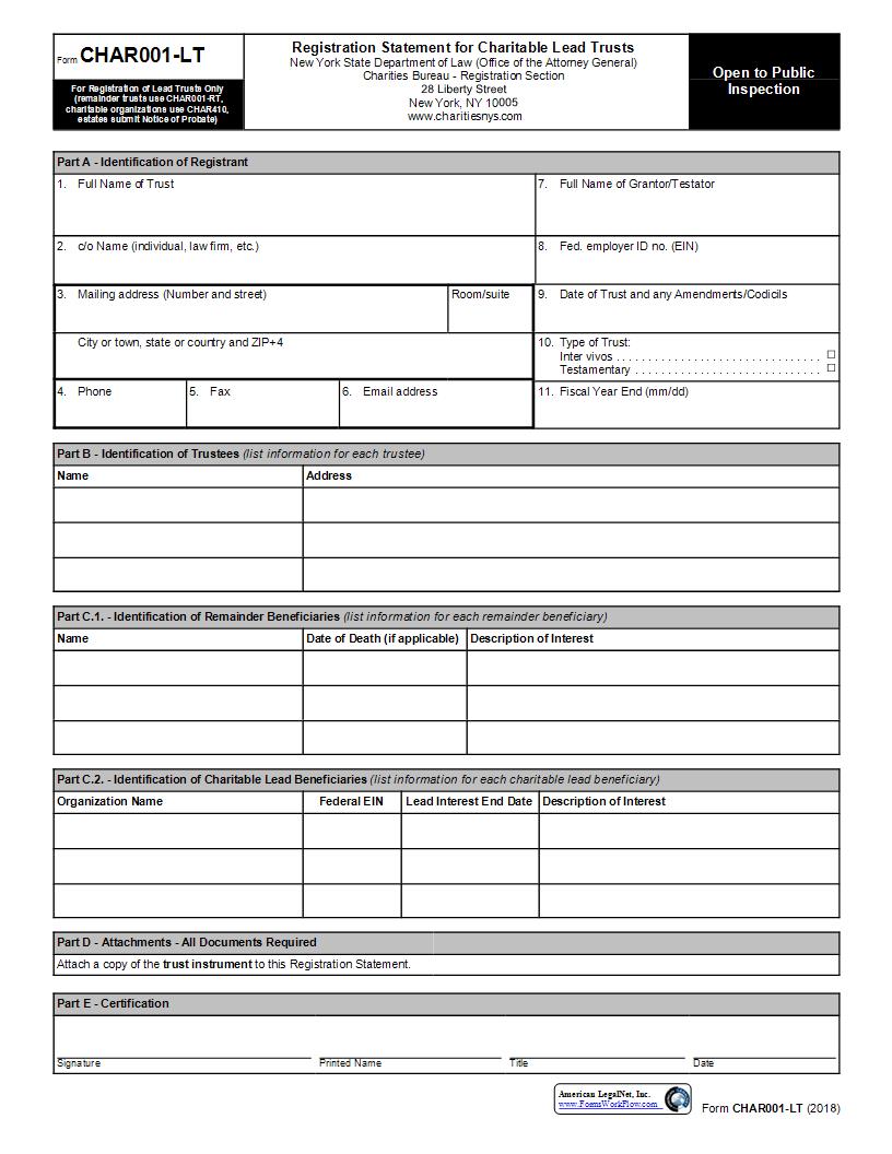 Registration Statement for Charitable Lead Trusts {CHAR001-LT} | Pdf Fpdf Docx | New York