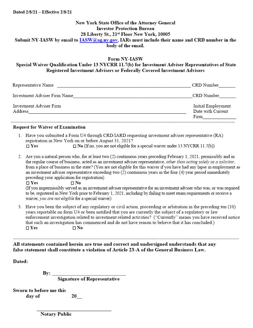 Special Waiver Qualification Under 13 NYCRR 11.7(b) For IARs RIAs IAs {Form NY-IASW} | Pdf Fpdf Docx | New York