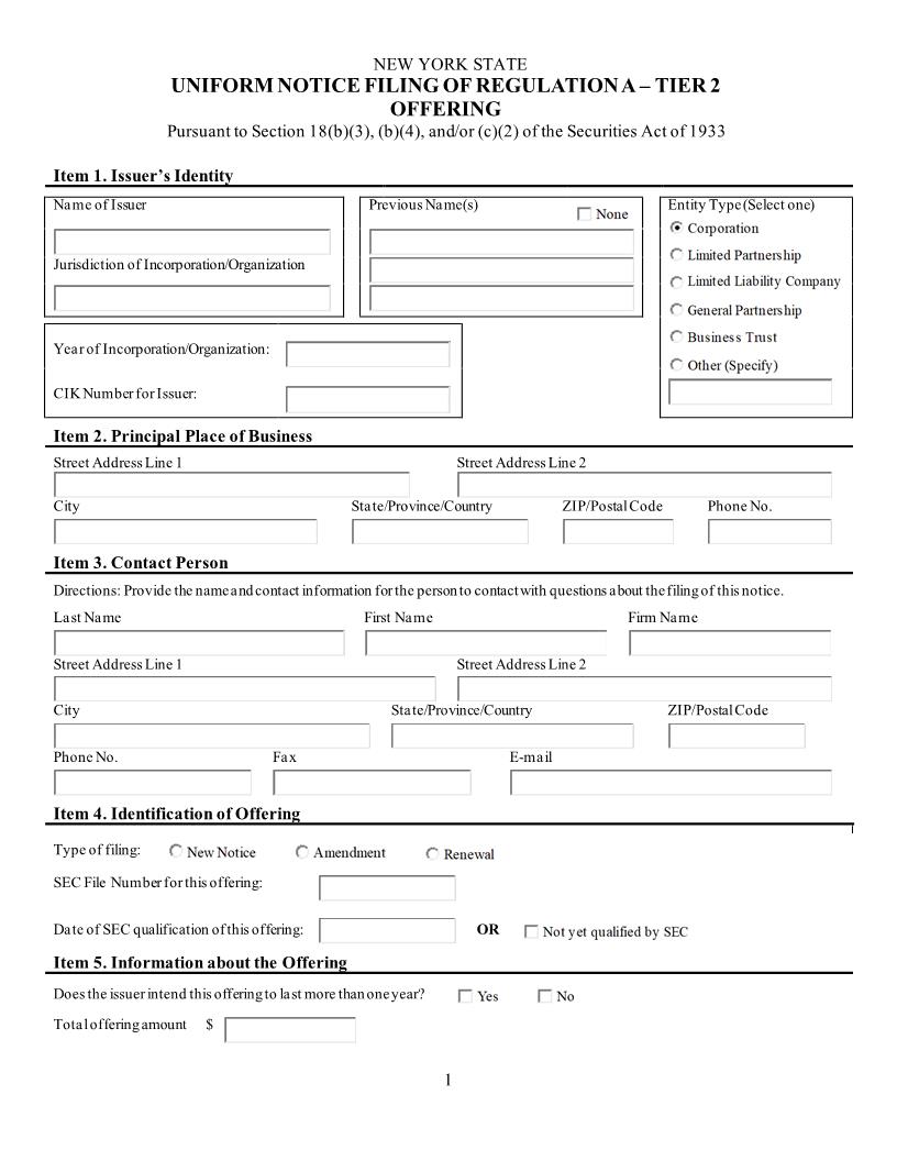 Uniform Notice Filing Of Regulation A - Tier 2 Offering | Pdf Fpdf Docx | New York