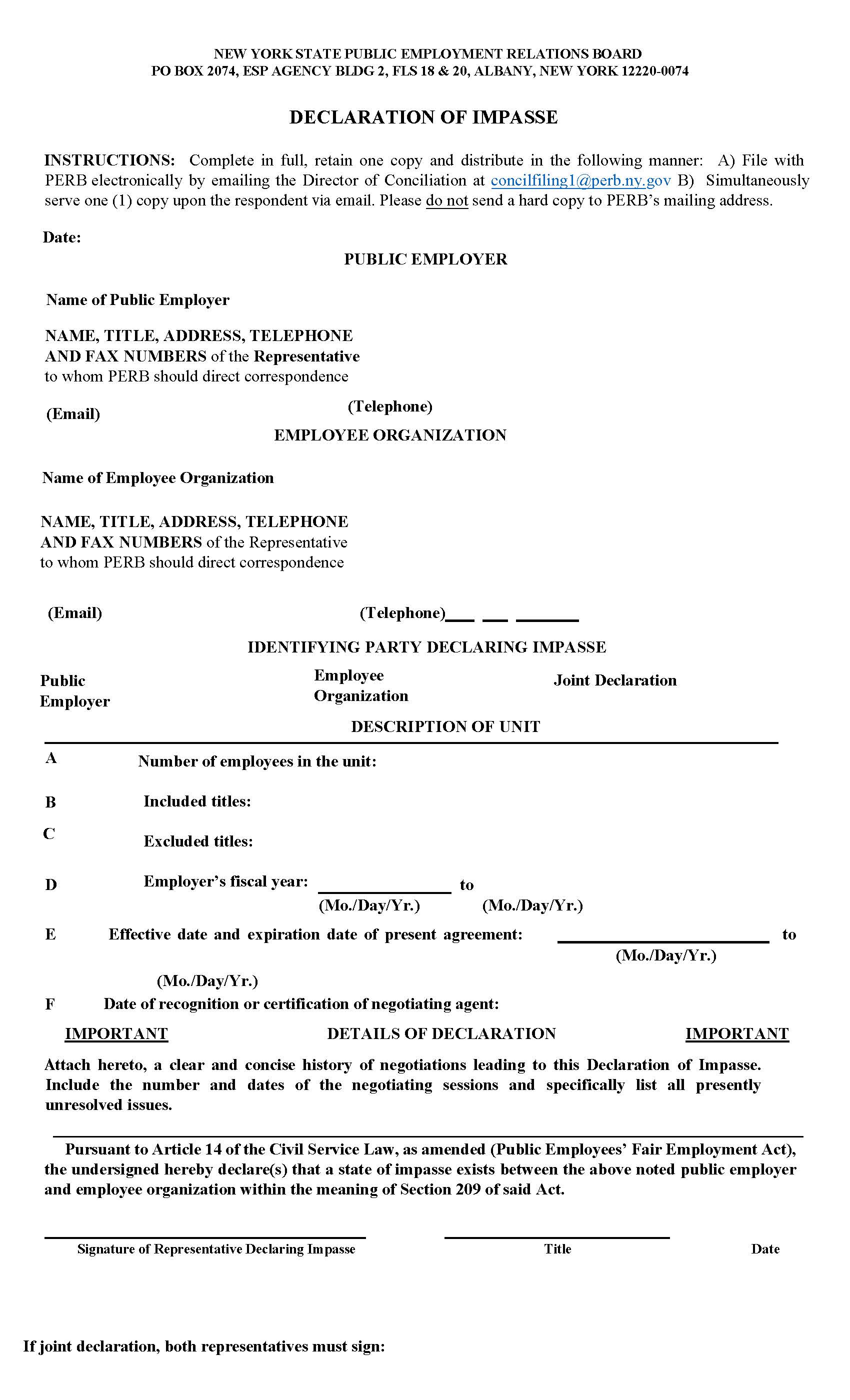 Direct Entry Declaration Of Impasse | Pdf Fpdf Docx | New York