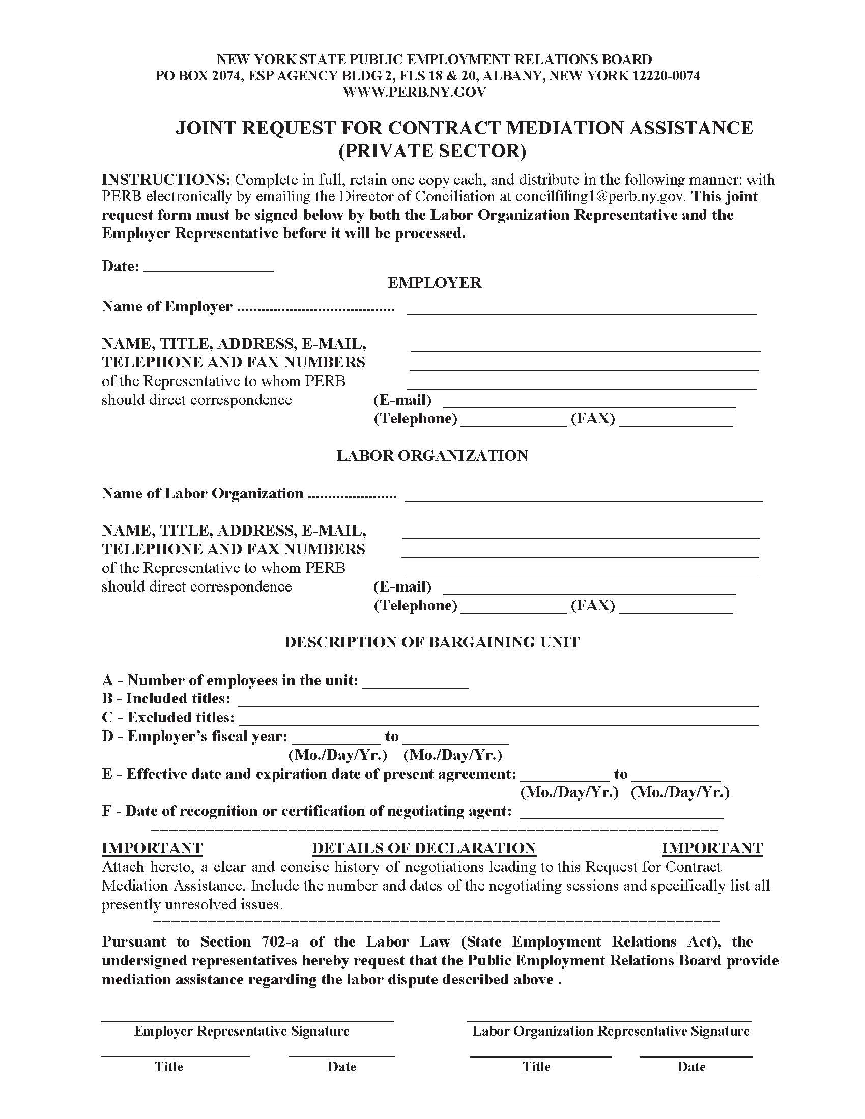 Joint Request For Contract Mediation Assistance (Private Sector) | Pdf Fpdf Docx | New York