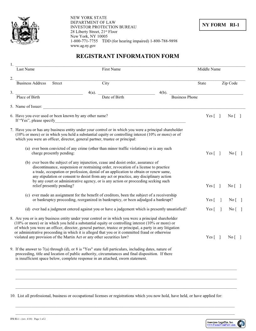 Registrant Information Form {RI-1} | Pdf Fpdf Docx | New York