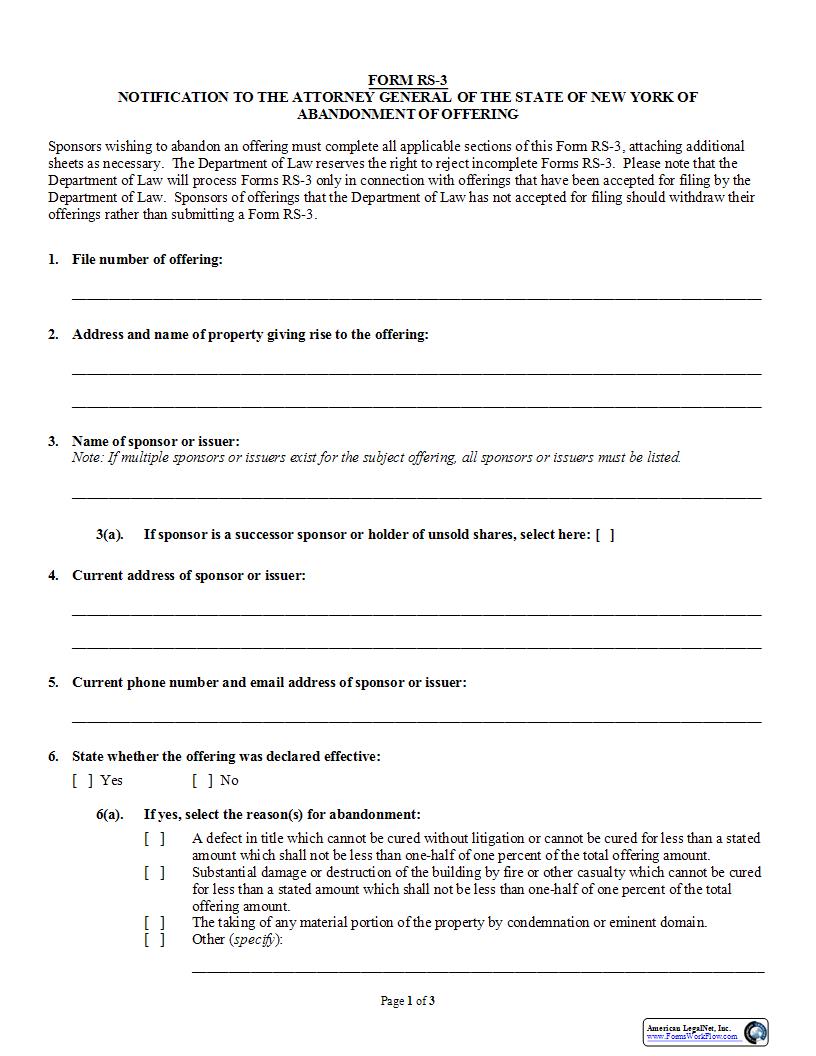 Notification To Attorney General Of Abandonment Of Offering {RS-3} | Pdf Fpdf Docx | New York