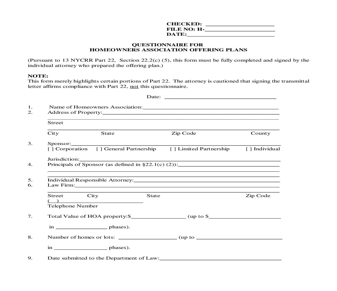 Questionnaire For Homeowners Association Offering Plans {HAO} | Pdf Fpdf Doc Docx | New York