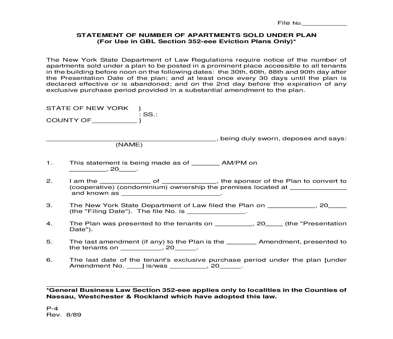 Statement Of Number Of Apartments Sold Under Plan (GBL Section 352-eee Eviction Plans) {P-4} | Pdf Fpdf Doc Docx | New York