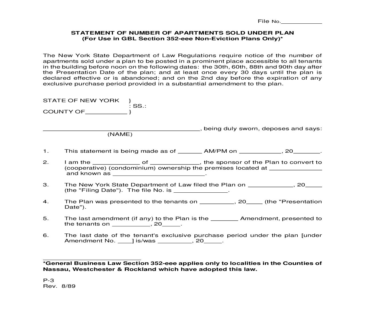 Statement Of Number Of Apartments Sold Under Plan (GBL Section 352-eee Non Eviction Plans) {P-3} | Pdf Fpdf Doc Docx | New York