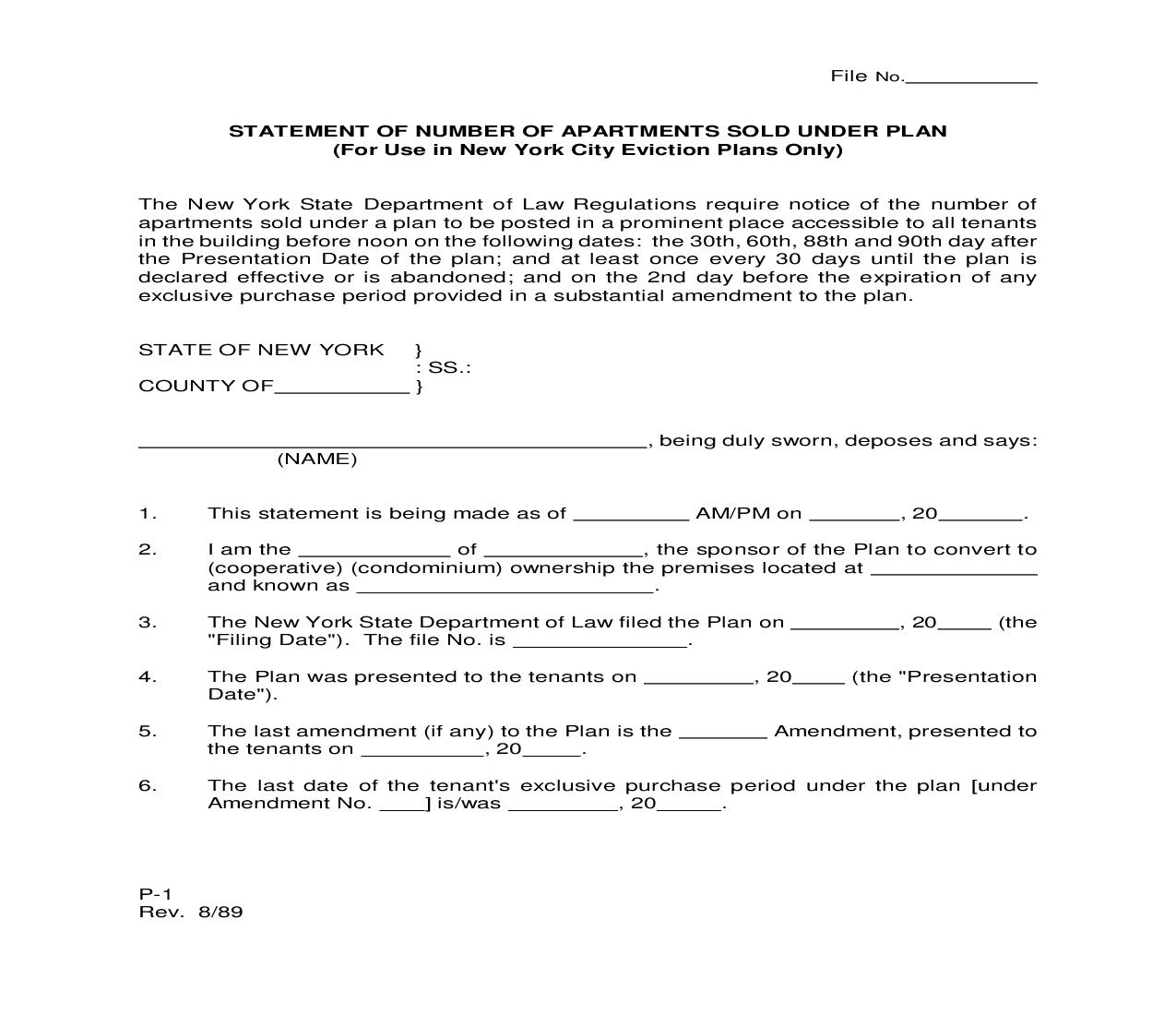 Statement Of Number Of Apartments Sold Under Plan (New York City Eviction Plans) {P-1} | Pdf Fpdf Doc Docx | New York