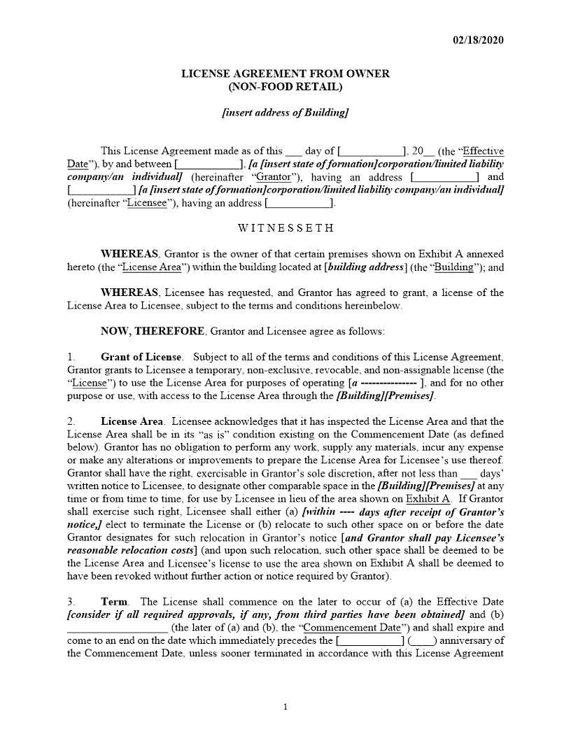 License Agreement From Owner (Non-Food Retail) | Pdf Fpdf Docx | New York