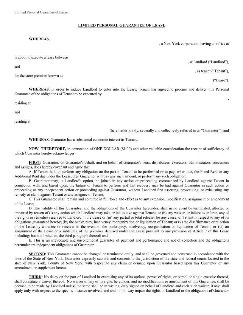 Limited Personal Guarantee Of Lease | Pdf Fpdf Docx | New York