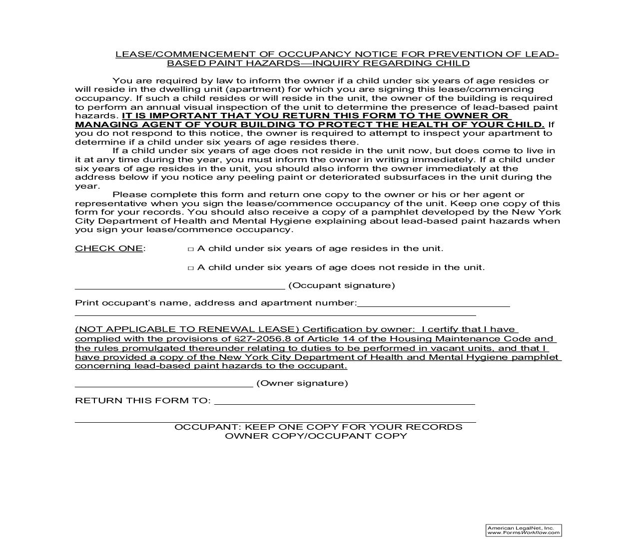 NYC Lease - Commencement Of Occupancy Notice For Prevention Of Lead-Based Paint Hazards | Pdf Fpdf Doc Docx | New York
