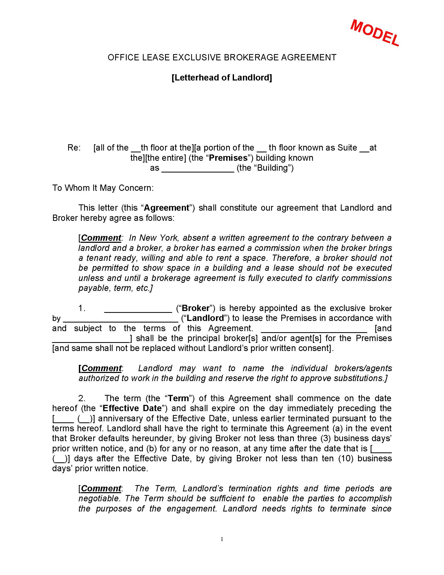 Office Lease Exclusive Brokerage Agreement (Model And Form) | Pdf Fpdf Docx | New York