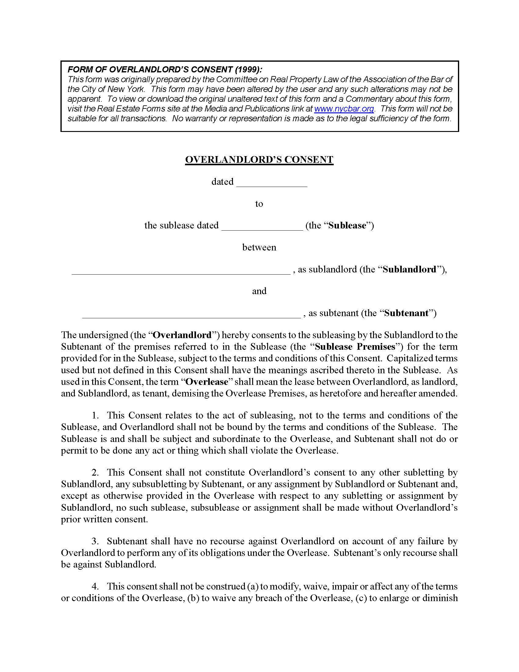 Overlandlords Consent (Sublease - NYC) | Pdf Fpdf Doc Docx | New York