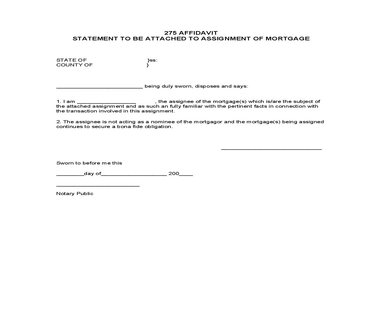 275 Affidavit Statement To Be Attached To Assignment Of Mortgage | Pdf Fpdf Doc Docx | New York