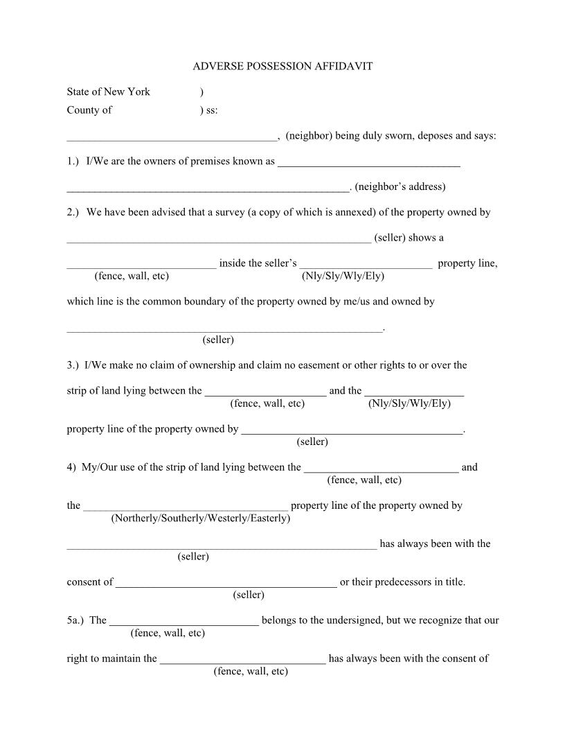 Adverse Possession Affidavit | Pdf Fpdf Docx | New York