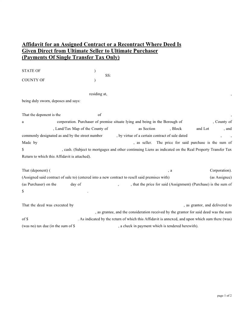 Affidavit For An Assigned Contract (Single Transfer Tax Payments Only) | Pdf Fpdf Docx | New York