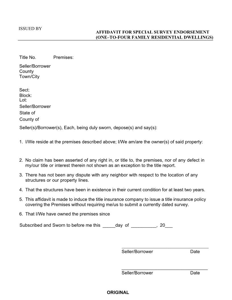 Affidavit For Special Survey Endorsement (1-4 Family Residential Dwellings) | Pdf Fpdf Docx | New York