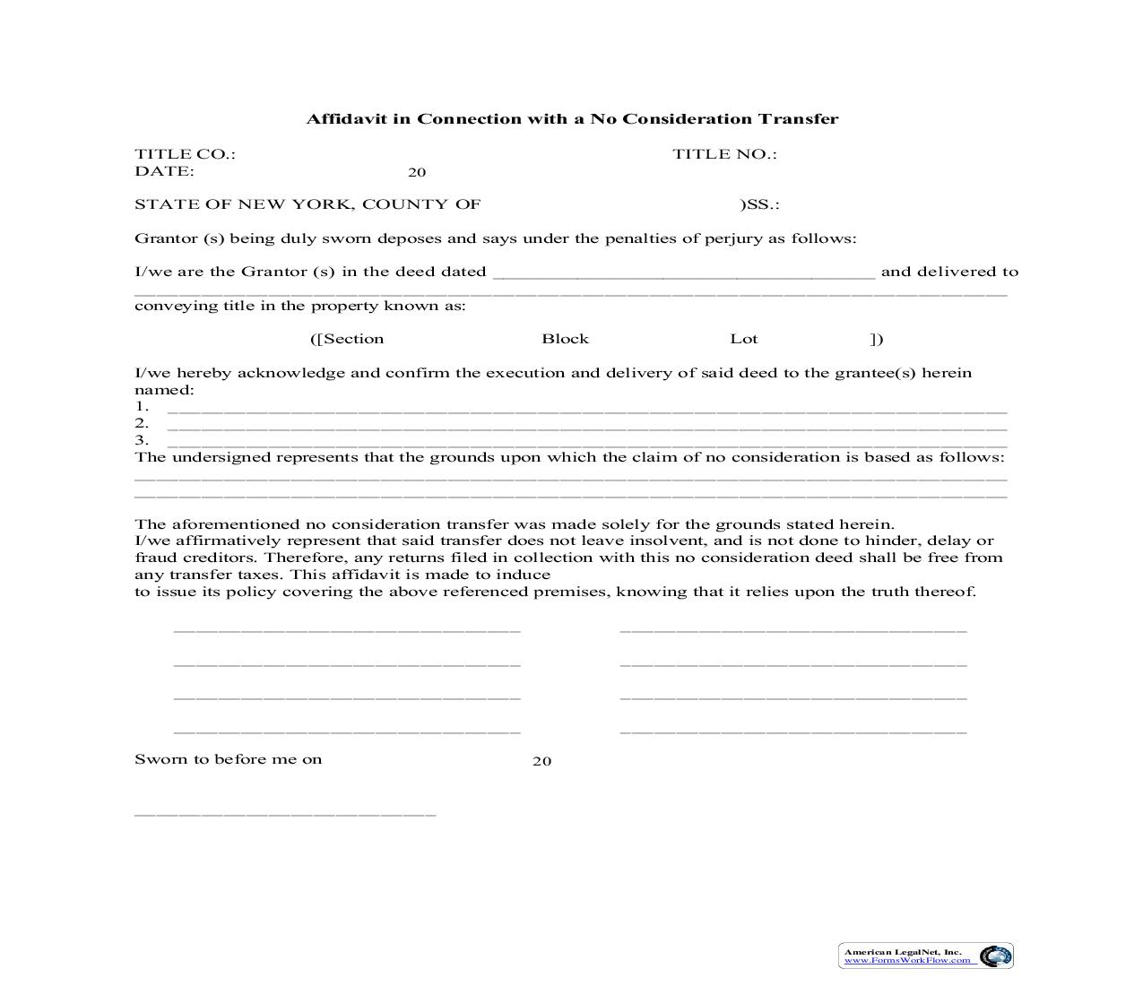 Affidavit In Connection With A No Consideration Transfer | Pdf Fpdf Doc Docx | New York