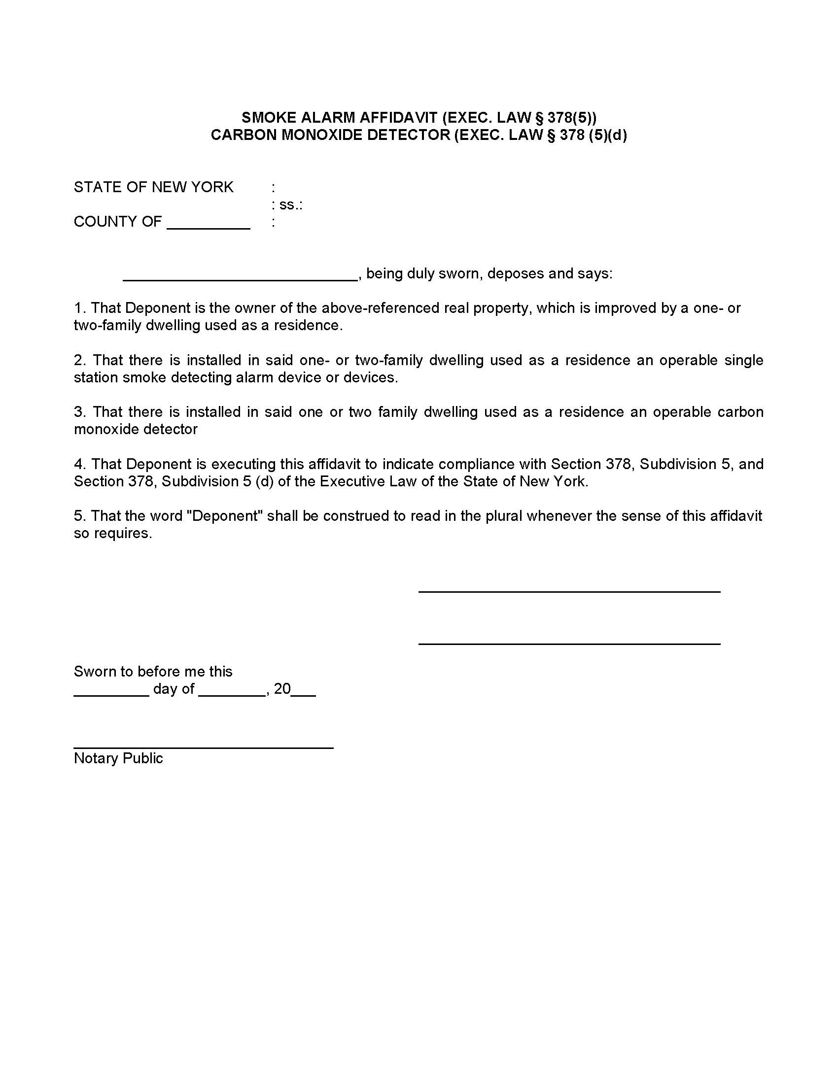 Affidavit Of Compliance Carbon Monoxide Detector Smoke Alarm (1-2 Family Dwelling) | Pdf Fpdf Docx | New York