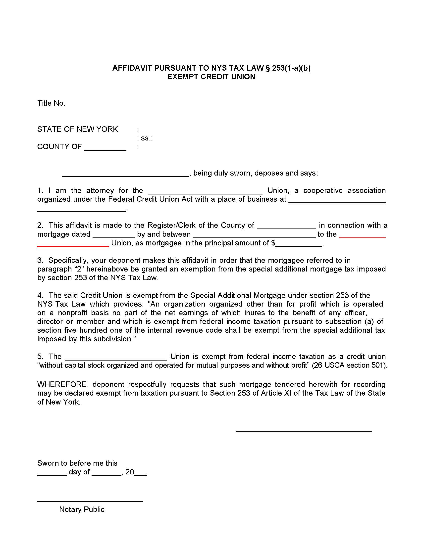Affidavit Of Exemption Under Section 253(1-a)(b) (Credit Union) | Pdf Fpdf Docx | New York