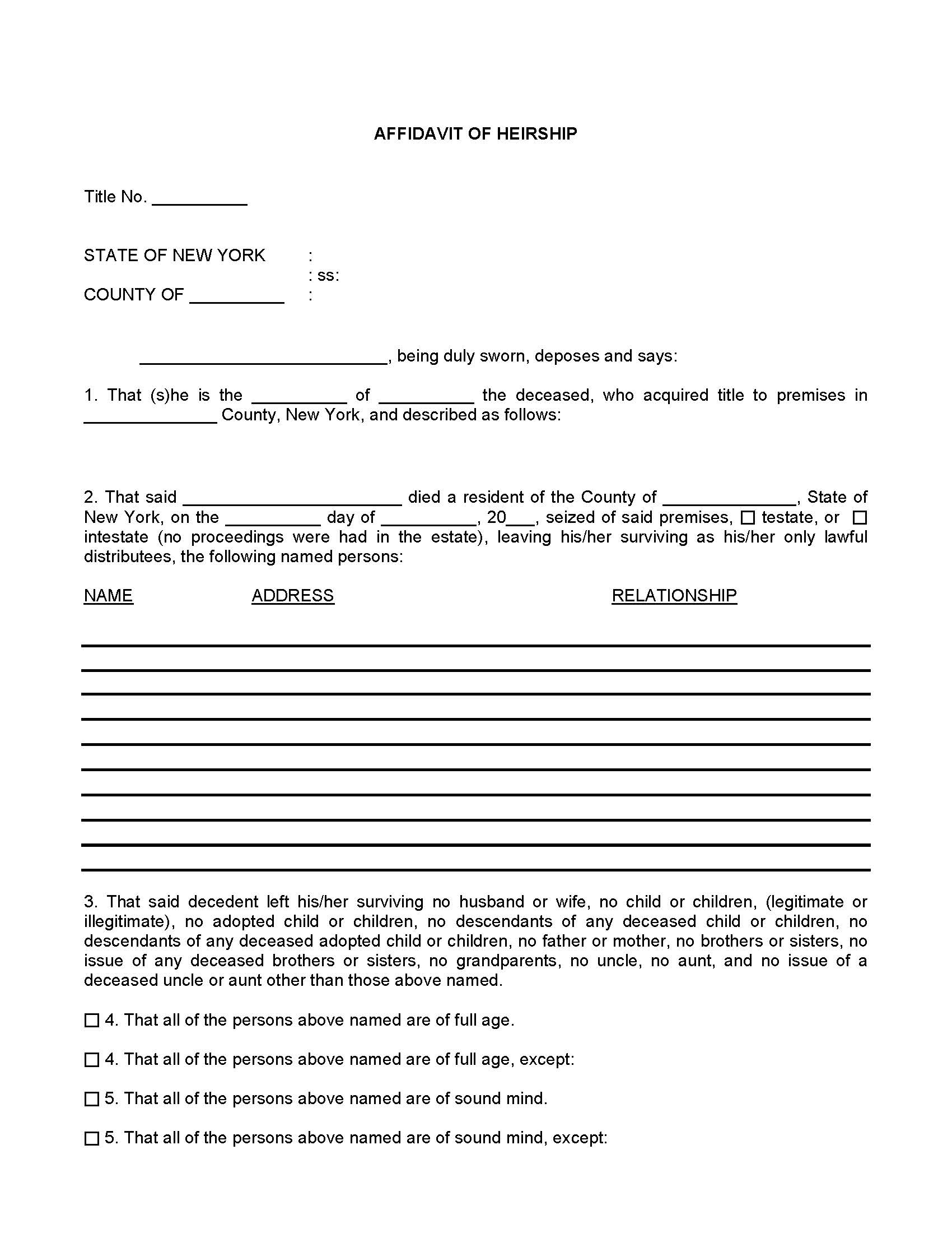 Affidavit Of Heirship | Pdf Fpdf Doc Docx | New York
