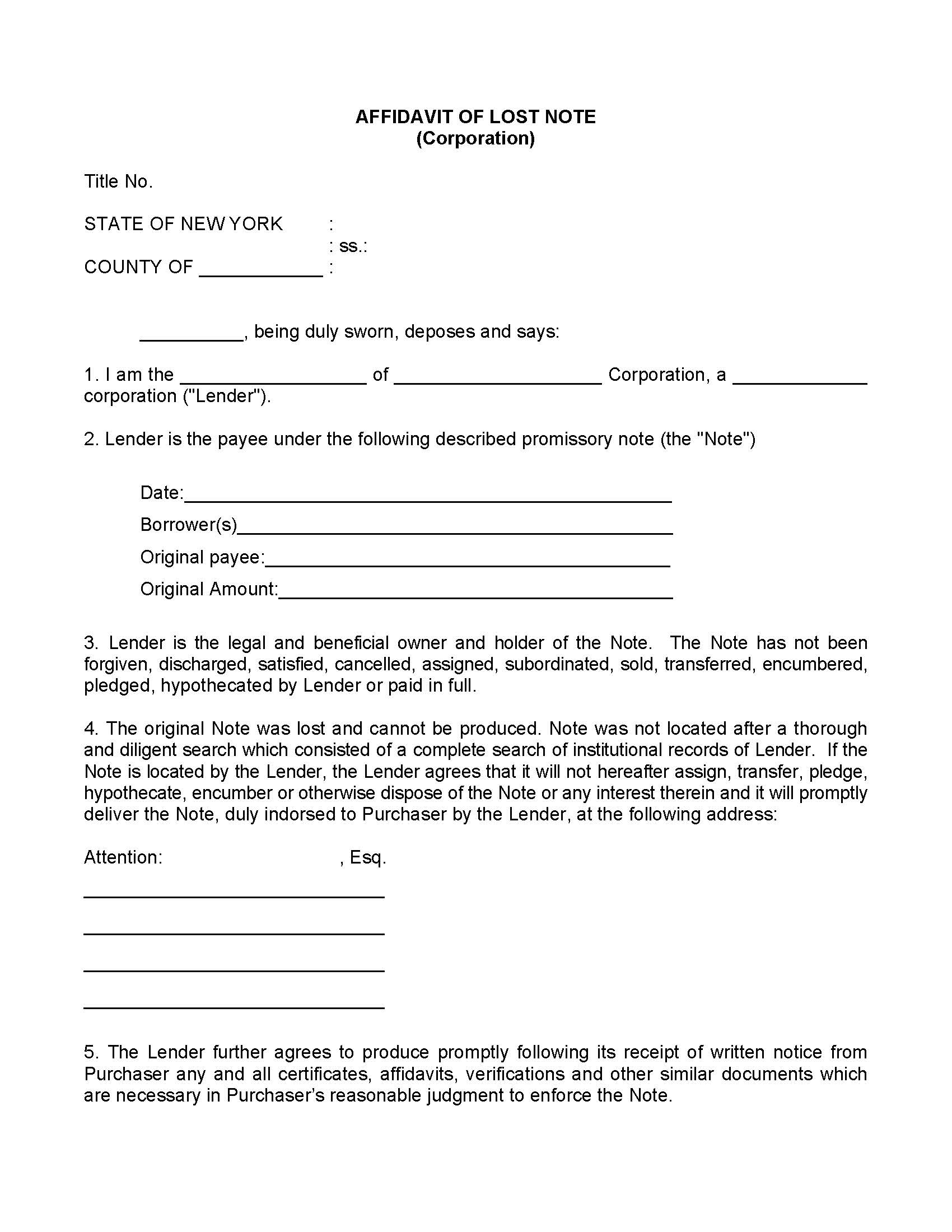 Affidavit Of Lost Note (Corporation) | Pdf Fpdf Docx | New York