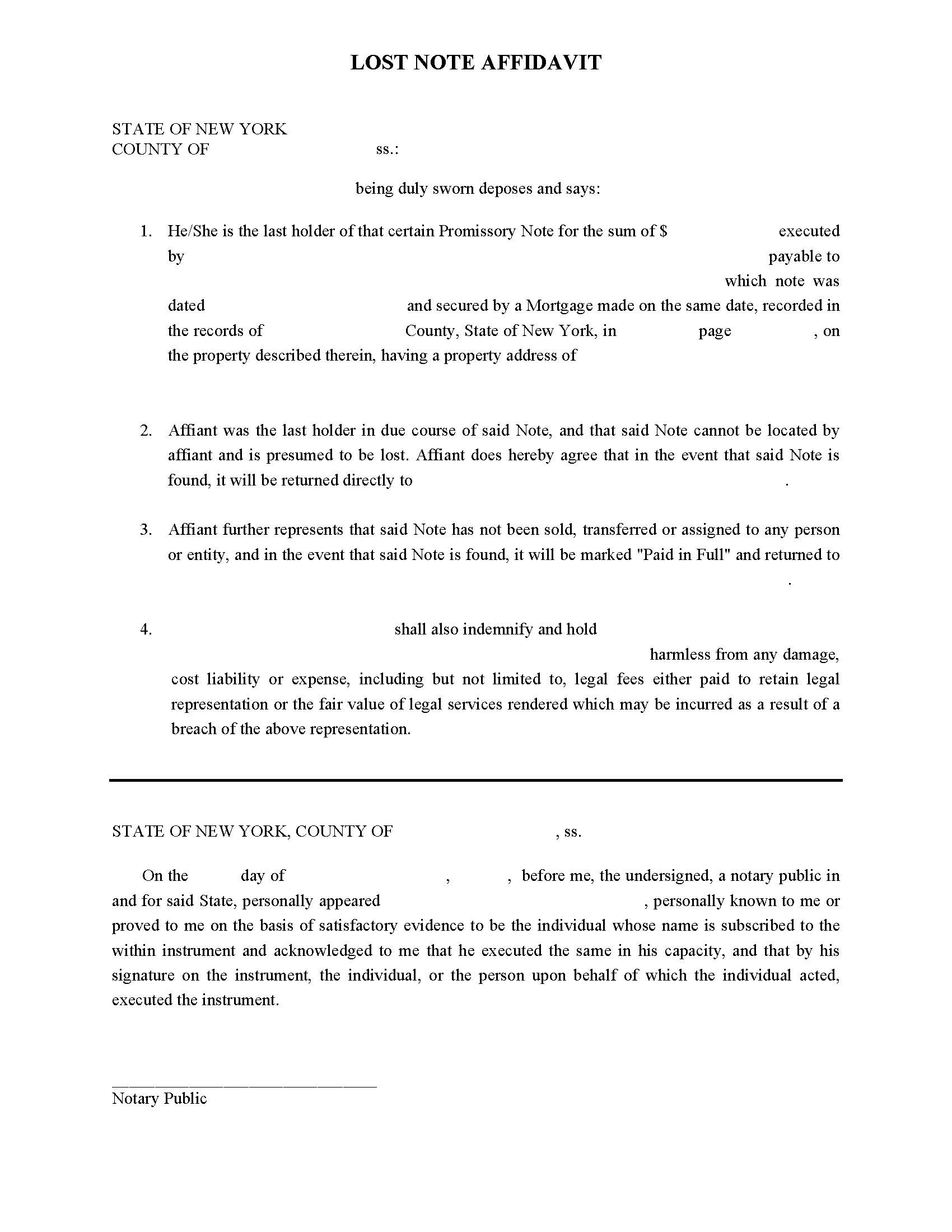 Affidavit Of Lost Note (Individual) | Pdf Fpdf Docx | New York