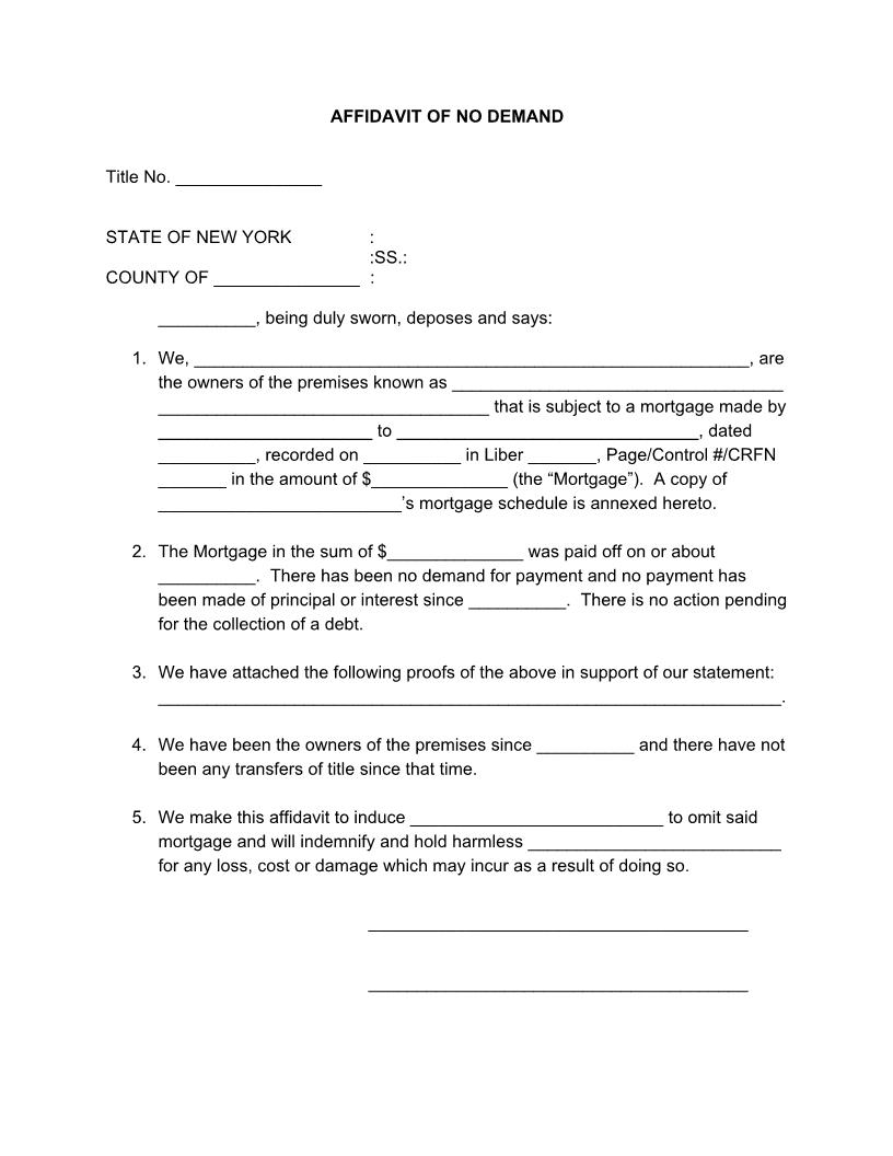 Affidavit Of No Demand (Mortgage) | Pdf Fpdf Docx | New York