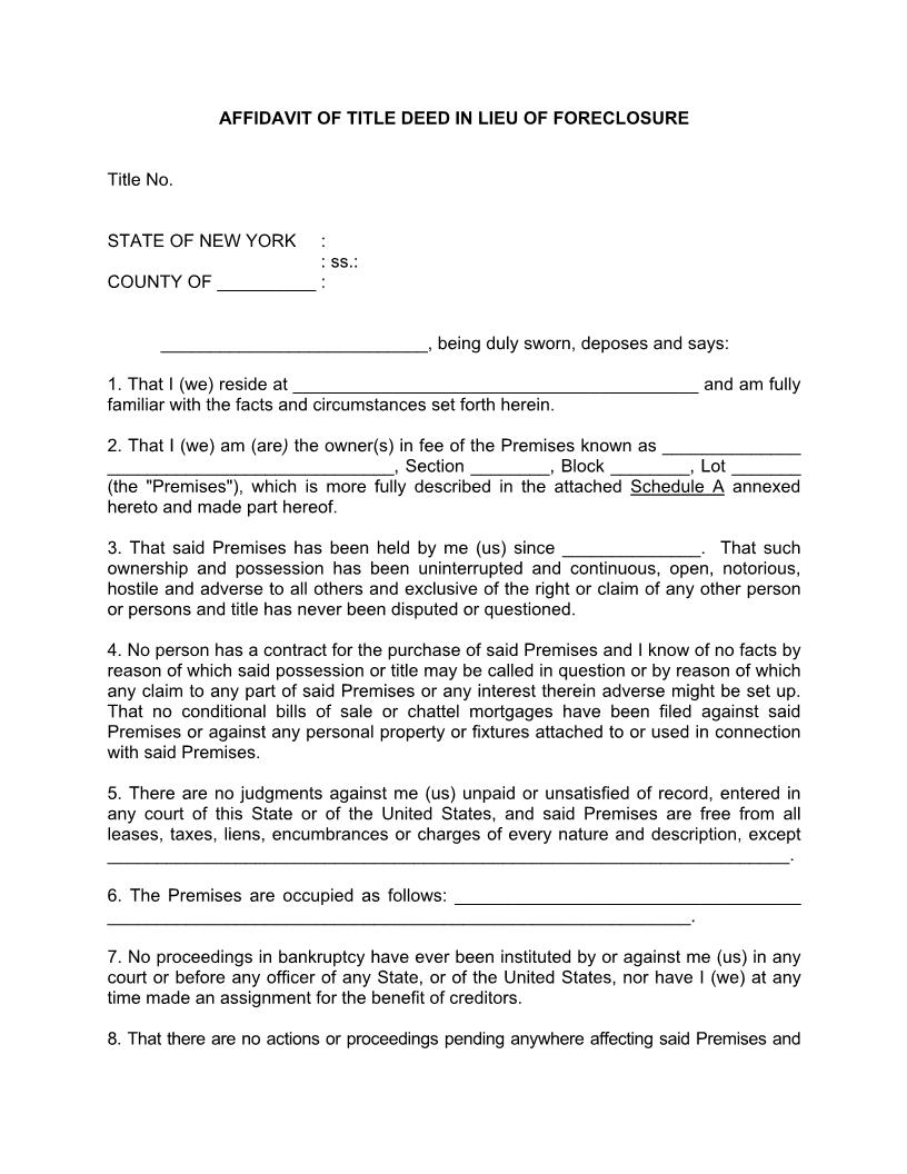 Affidavit Of Title Deed In Lieu Of Foreclosure | Pdf Fpdf Docx | New York