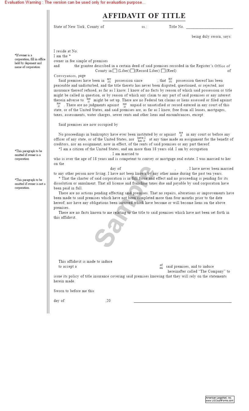 Affidavit Of Title | Pdf Fpdf Doc Docx | New York